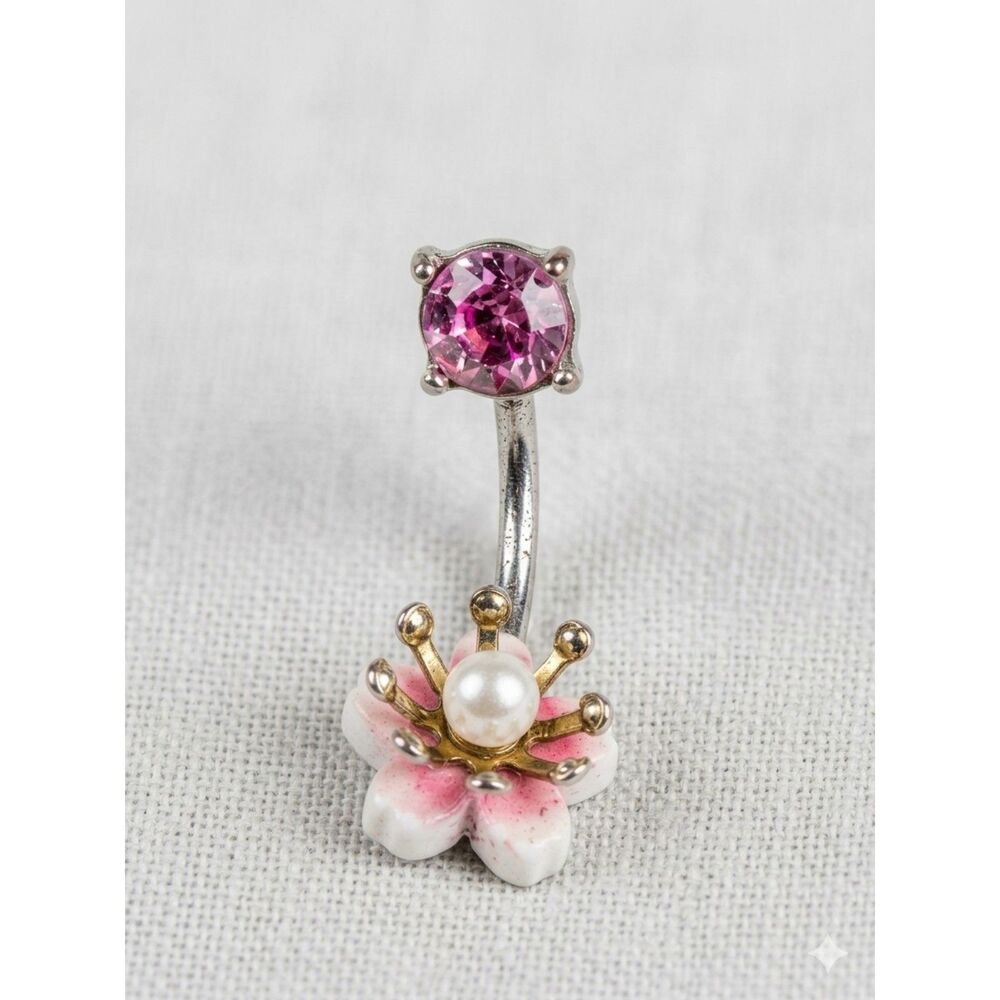 Pink Flower with Faux Pearl Accents Belly Button Ring
